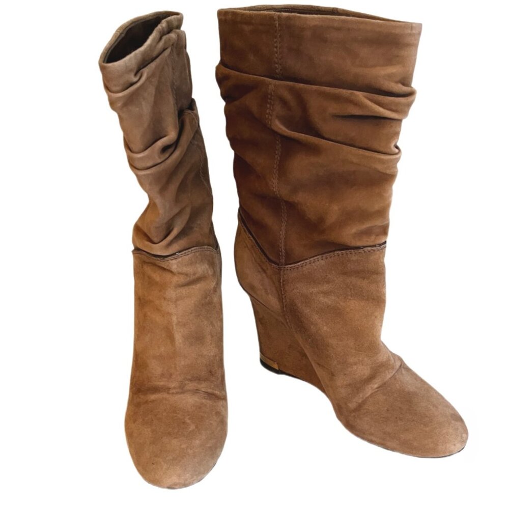 Louis Vuitton Camel Suede Slouch Wedge Boots Gold Metal Logo on Heels Size  37/7 - Picture 9 of 14